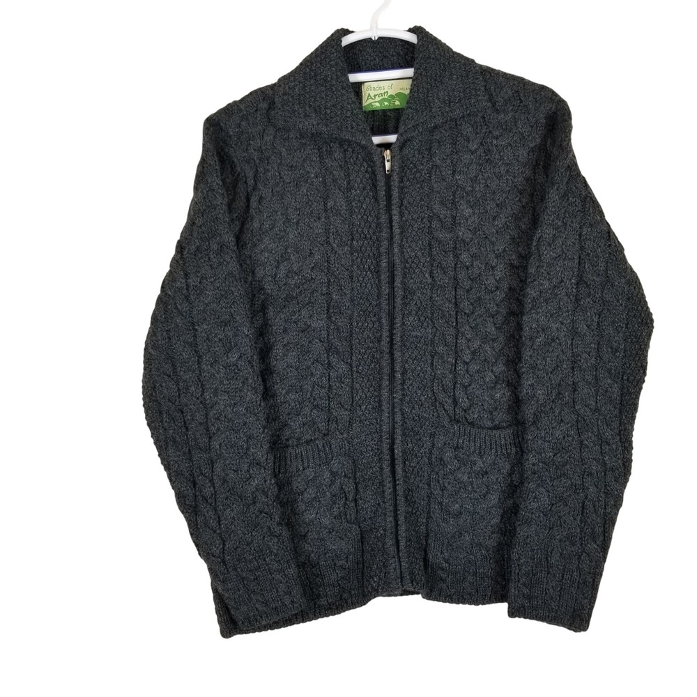 Shades of Aran Zip Cardigan Women M Grey Merino Wool Cable‎ Knit Irish Sweater